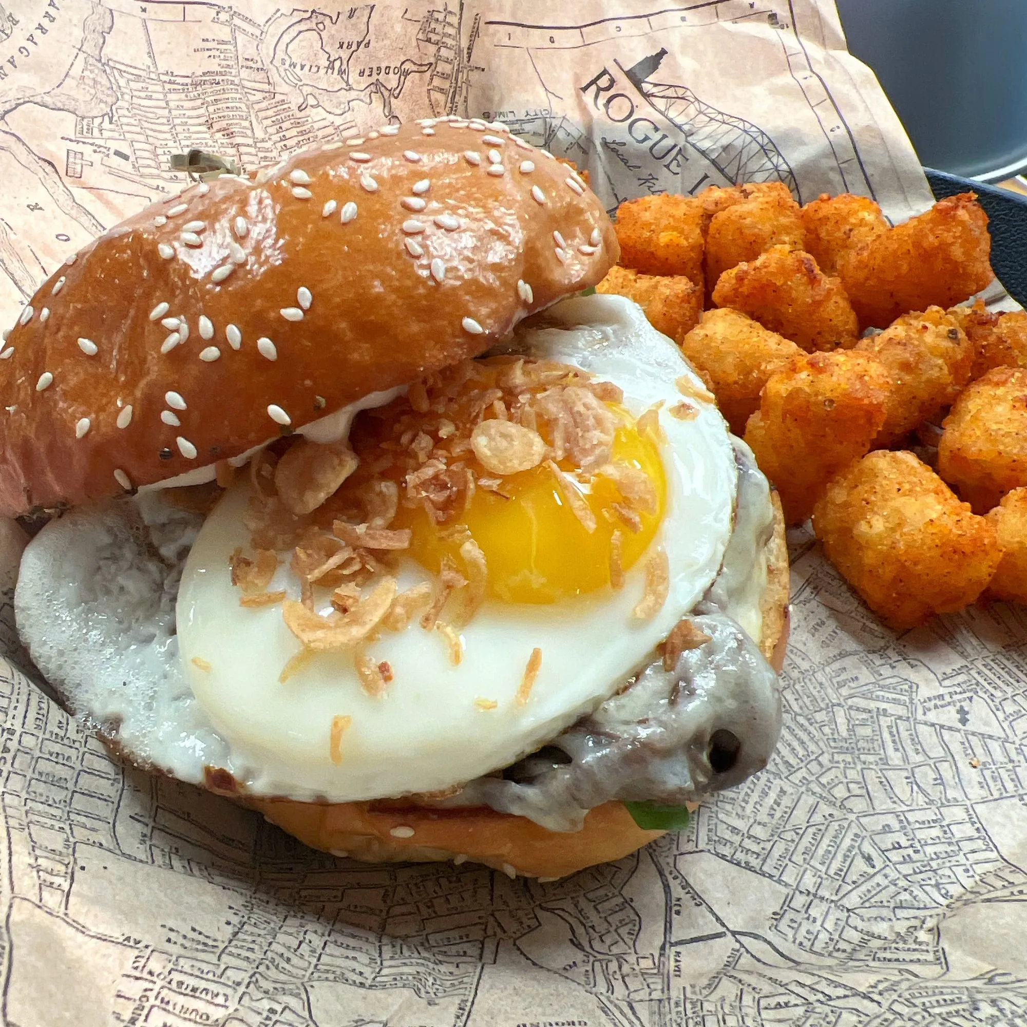 The Bear breakfast sandwich: sausage, fried egg, crispy onions