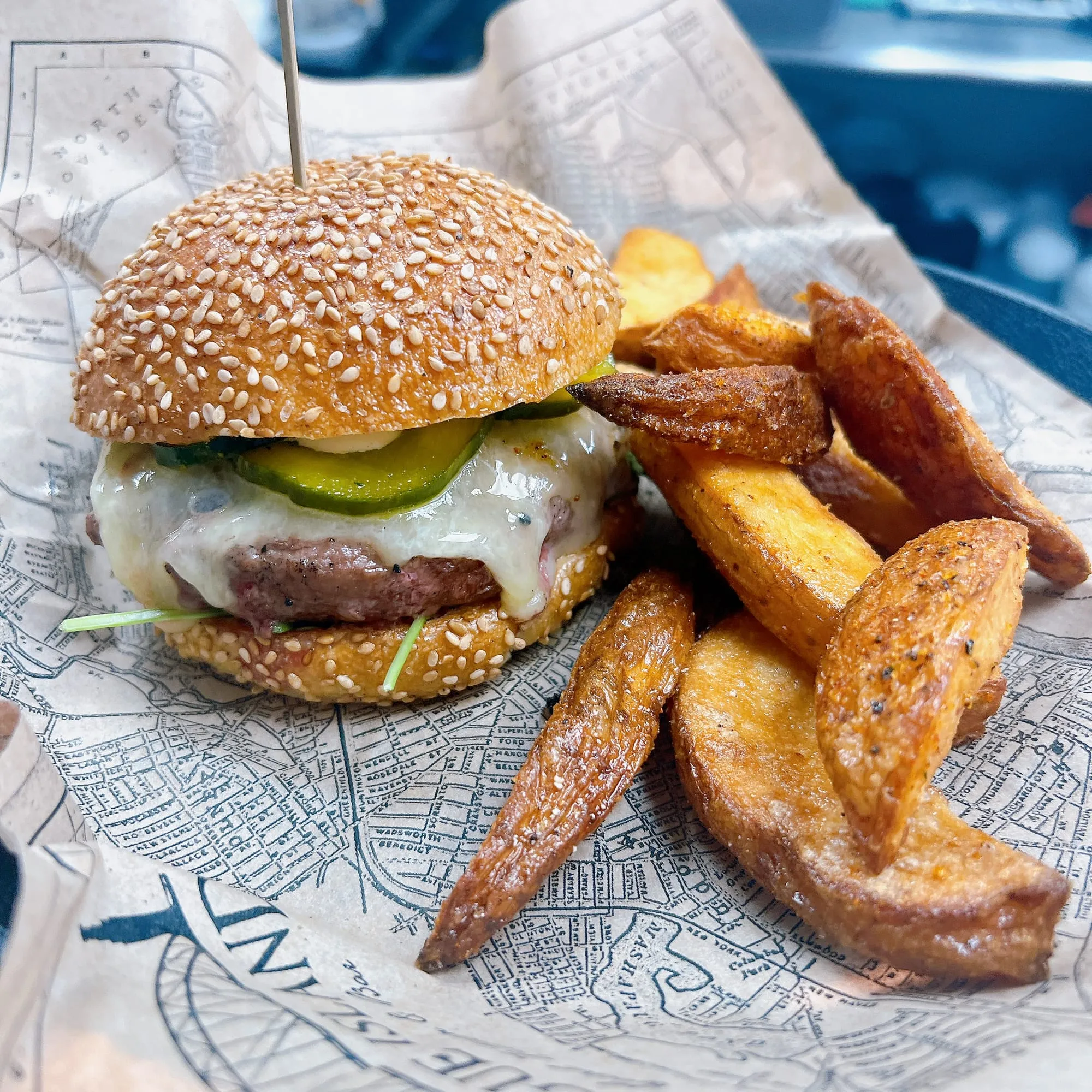 Rogue burger with steak fries in a branded basket