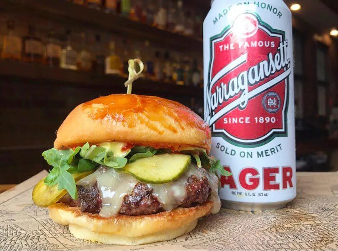 Rogue burger with a Narragansett lager at the bar