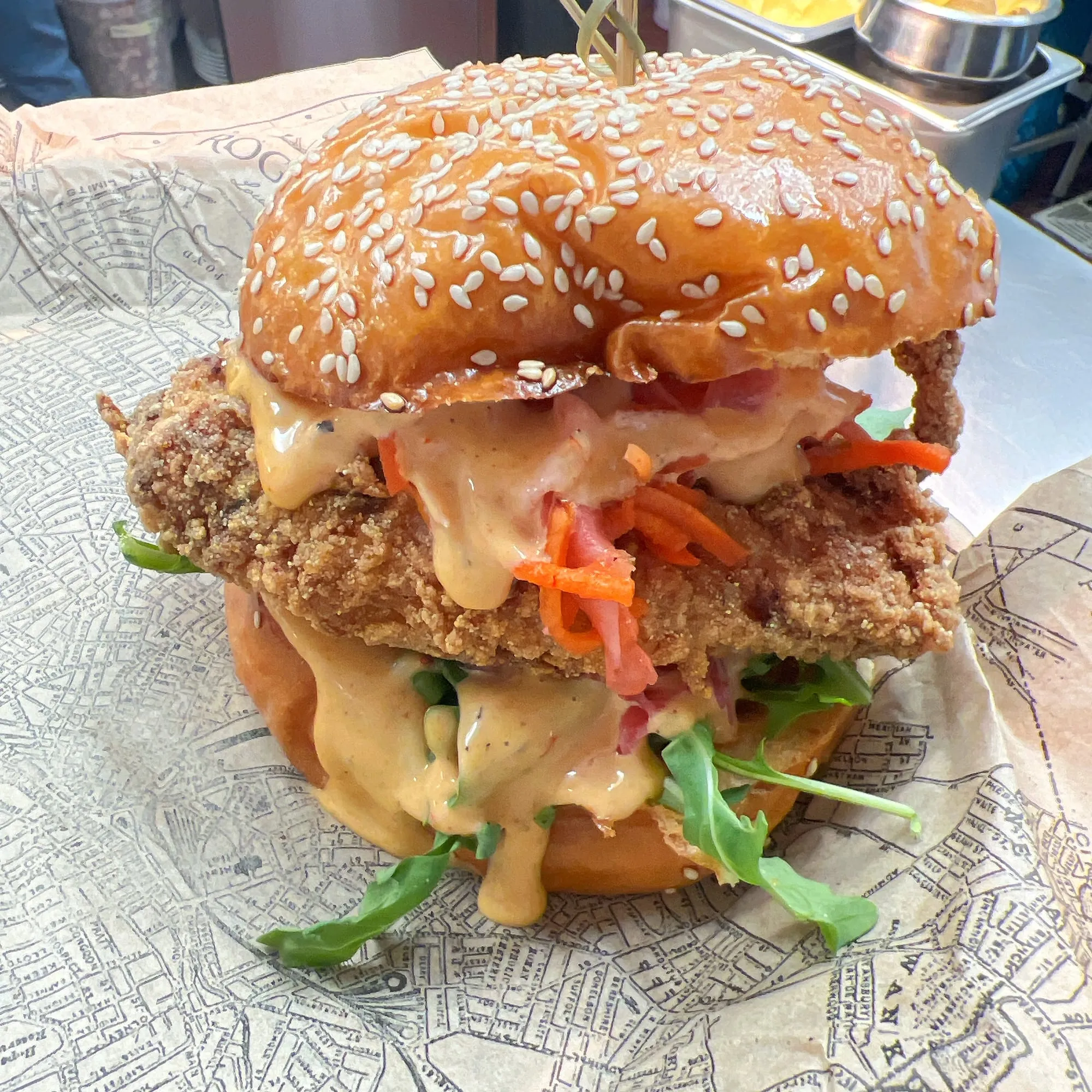 Double-stack fried chicken sandwich with slaw