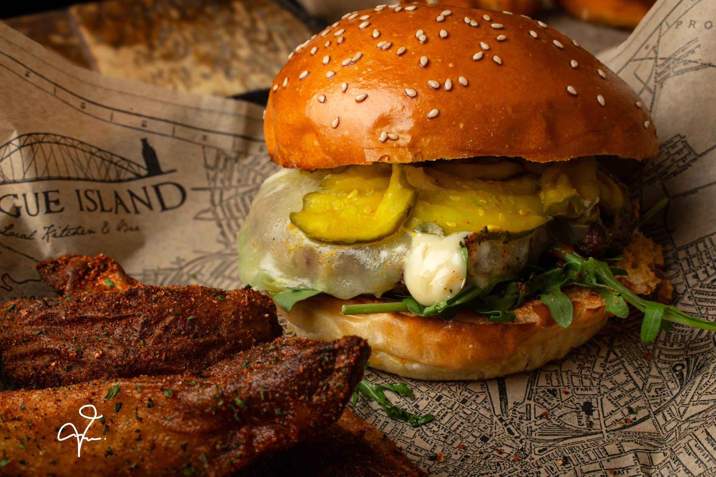 Aquidneck Farm grass-fed burger with house pickles