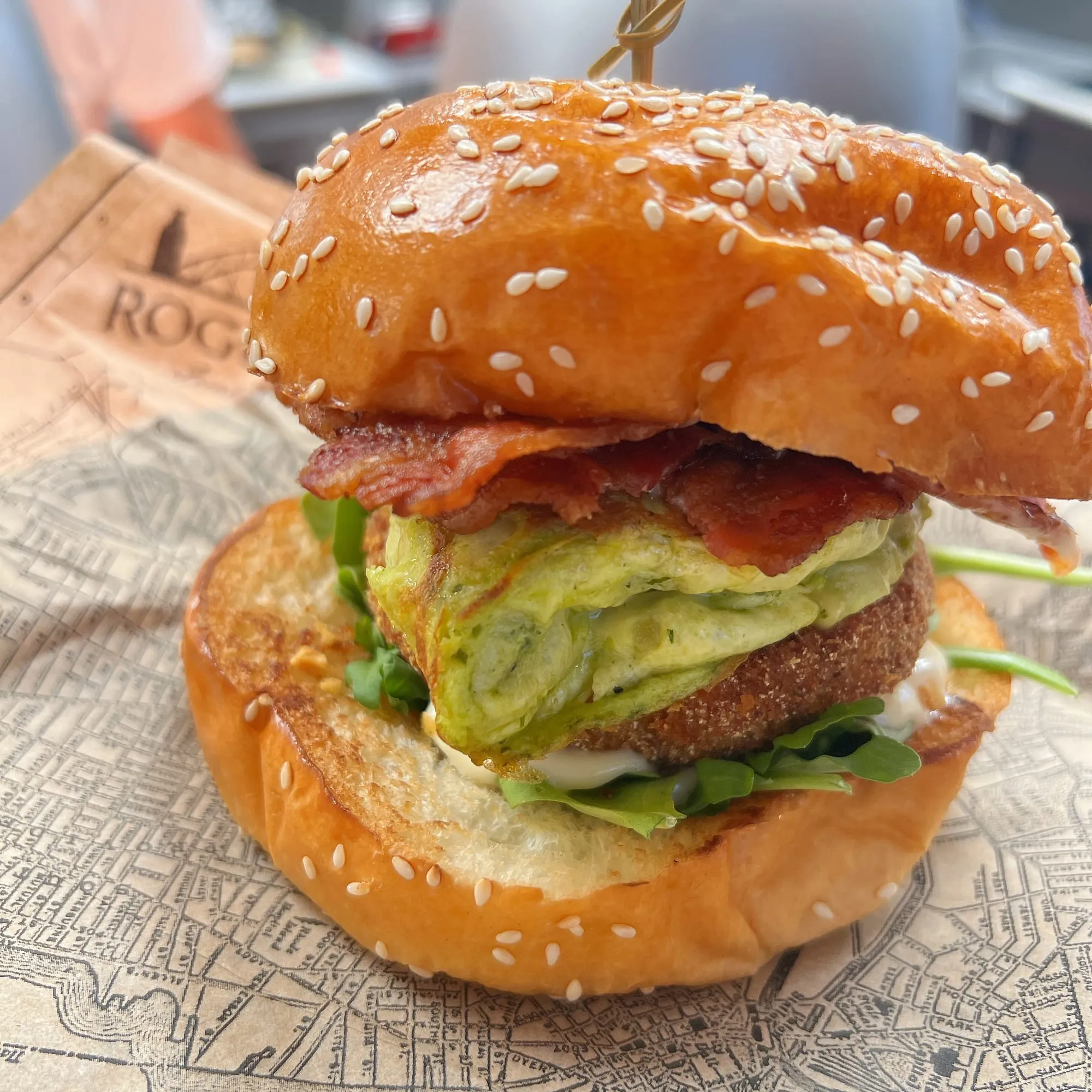 Seussical brunch sandwich — a green-eggs-and-ham brioche stack